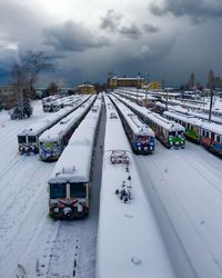 High angle view of trains at shunting yard of haydarpasa terminal during winter