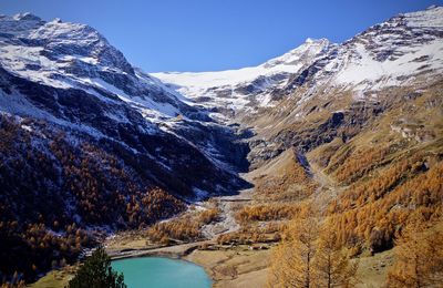 Scenic view of snowcapped mountains against clear sky