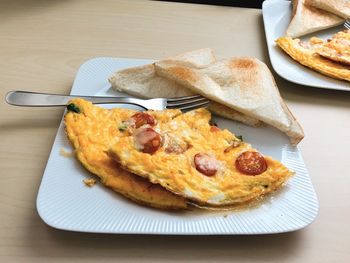 High angle view of pizza in plate