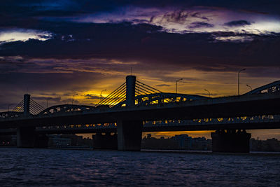 Silhouette bridge over river against cloudy sky during sunset