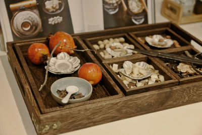 High angle view of dessert on table