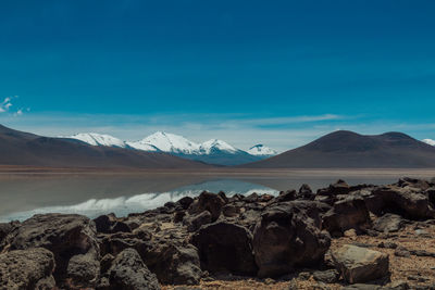 Scenic view of mountains against blue sky