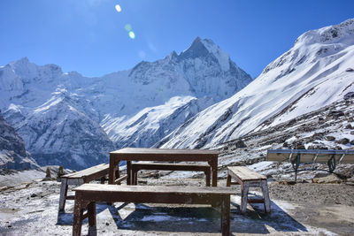 Scenic view of snowcapped mountains against clear sky