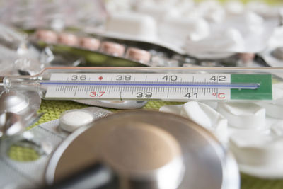 Close up of medicines with thermometer