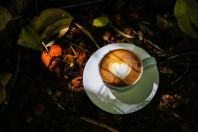 High angle view of cappuccino coffee cup