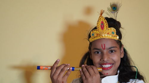 Adorable baby boy dressed up as little krishna. janamasthmi 2022 .