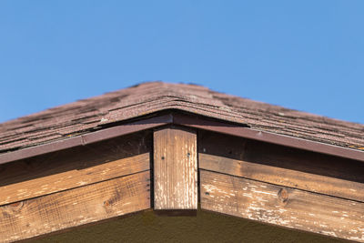 Low angle view of old building against clear blue sky