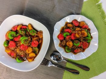 High angle view of salad in plate on table