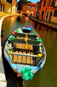 High angle view of boats moored in canal