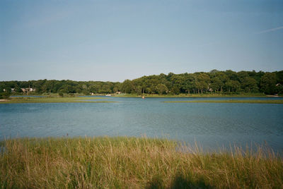 Scenic view of lake against clear sky