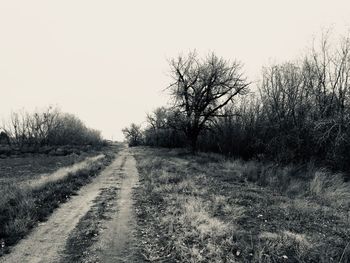 Road amidst bare trees on field against clear sky