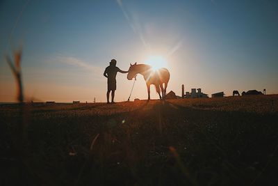Silhouette mid adult man with horse standing on field against sky during sunset
