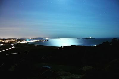 Scenic view of sea against blue sky at night