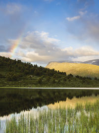 View of rainbow over lake