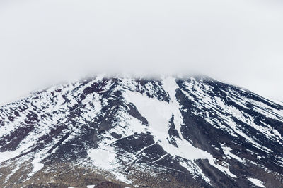 Low angle view of snow covered mountain against sky