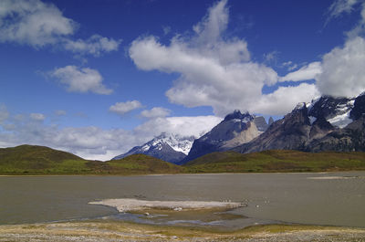 Scenic view of lake by mountains against sky