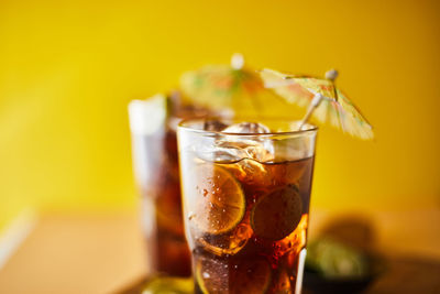 Close-up of beer glass on table