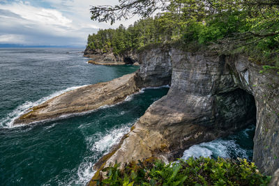 Scenic view of rocks in sea against sky