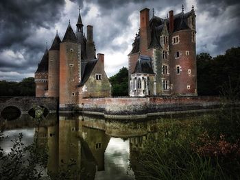 Reflection of built structure in water against sky