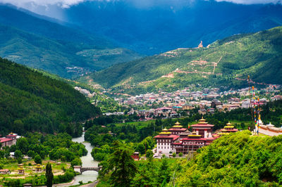 Panoramic view over thimphu valley, at dechen phodrang monastery in bhutan