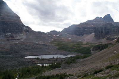 Scenic view of mountains against cloudy sky