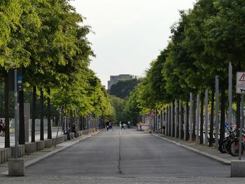 People walking on footpath amidst trees in city