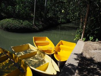 Close-up of yellow leaves floating on lake