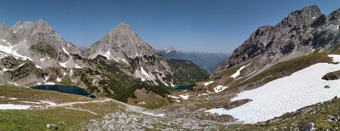 Panoramic view of snowcapped mountains against clear sky