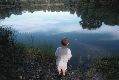 Rear view of man looking at lake