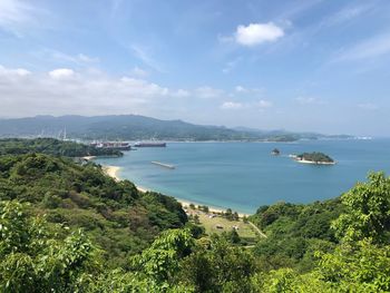 High angle view of bay against sky