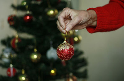 Cropped image of person celebrating christmas tree