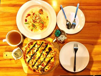 High angle view of food in plate on table
