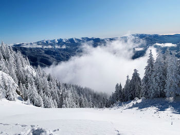 Scenic view of snow covered mountains against sky