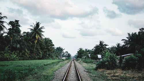 Panoramic view of railroad tracks against sky