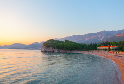 Milocer beach in budva montenegro . king's beach at adriatic sea coast
