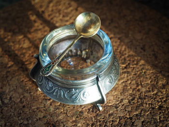 High angle view of glasses on table