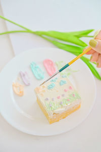 Close-up of hand holding ice cream in plate