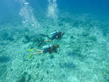 High angle view of man swimming in sea