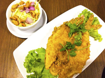 High angle view of food in plate on table