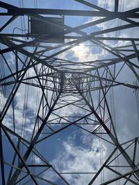 Low angle view of electricity pylon against sky