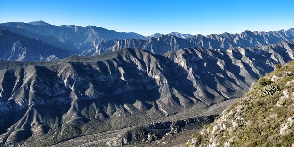 High angle view of snowcapped mountains against clear sky