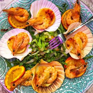 High angle view of sea food in plate on table