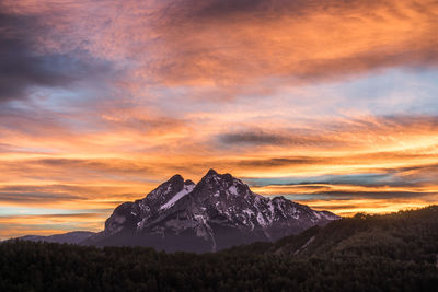 Scenic view of snowcapped mountains against dramatic sky