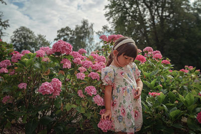 Woman standing on pink flowering plants