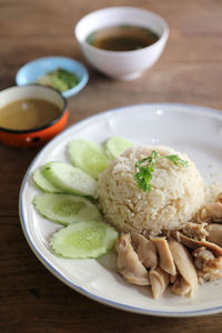 High angle view of meal served in plate on table