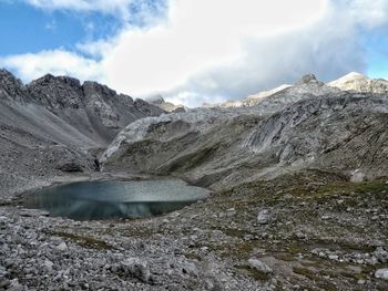 Scenic view of lake by mountains against sky