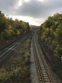 High angle view of railway tracks amidst trees against sky