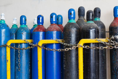 Close-up of bottles against blue wall