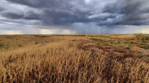 Scenic view of field against cloudy sky