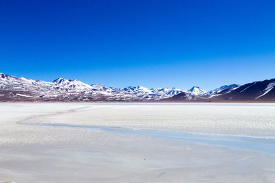 Scenic view of snowcapped mountains against clear blue sky